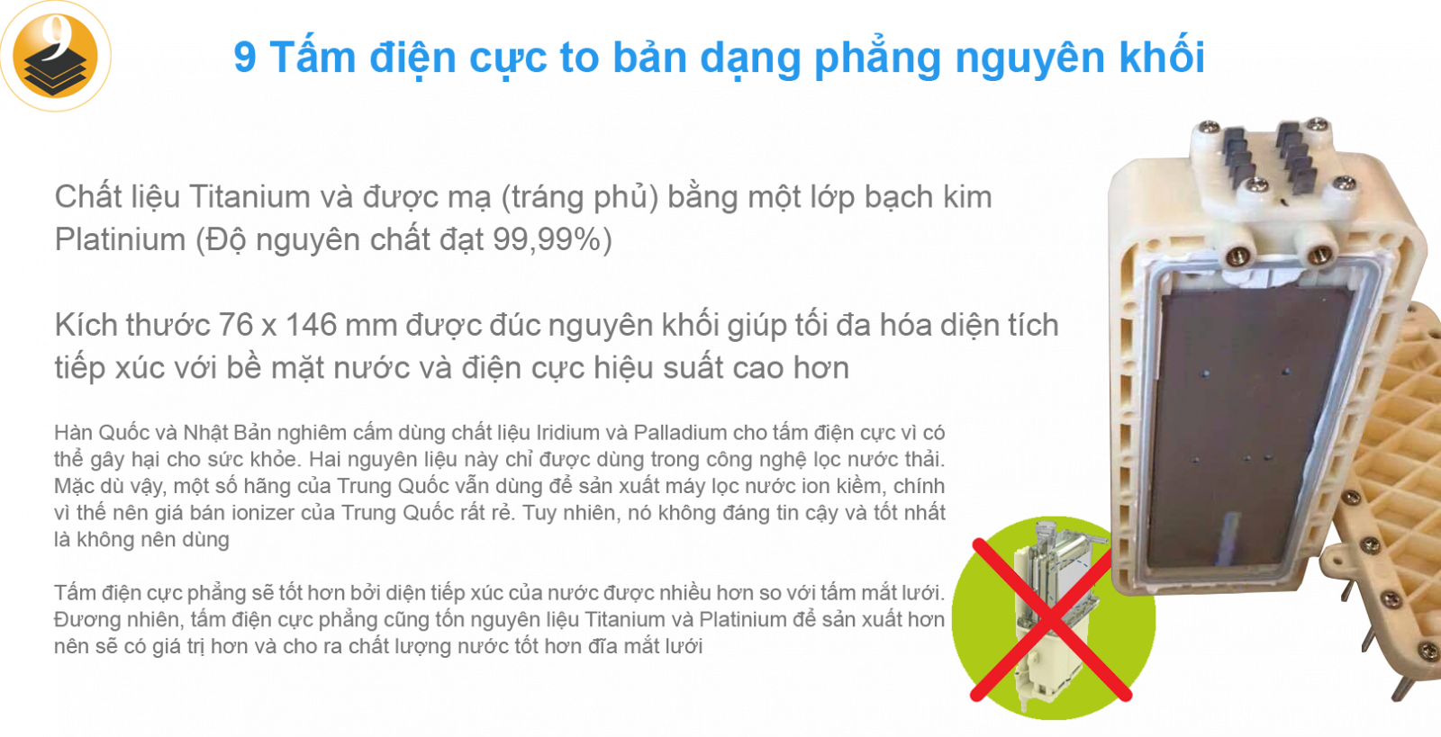 Máy lọc nước ion kiềm giàu hydro Crewelter 9 tấm điện cực to bản dạng phẳng