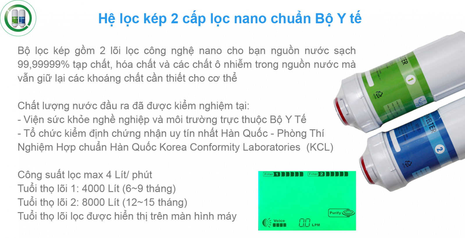 Máy lọc nước ion kiềm giàu hydro Crewelter 9 hệ lọc kép 2 cấp lọc nano chuẩn bộ y tế