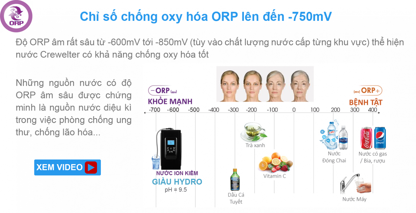 Máy lọc nước ion kiềm giàu hydro Crewelter với chỉ số chống oxy hóa ORP lên tới -750mV