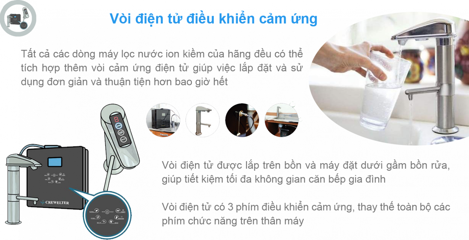 Máy lọc nước ion kiềm giàu hydro Crewelter 9 vòi điện tử điều khiển cảm ứng